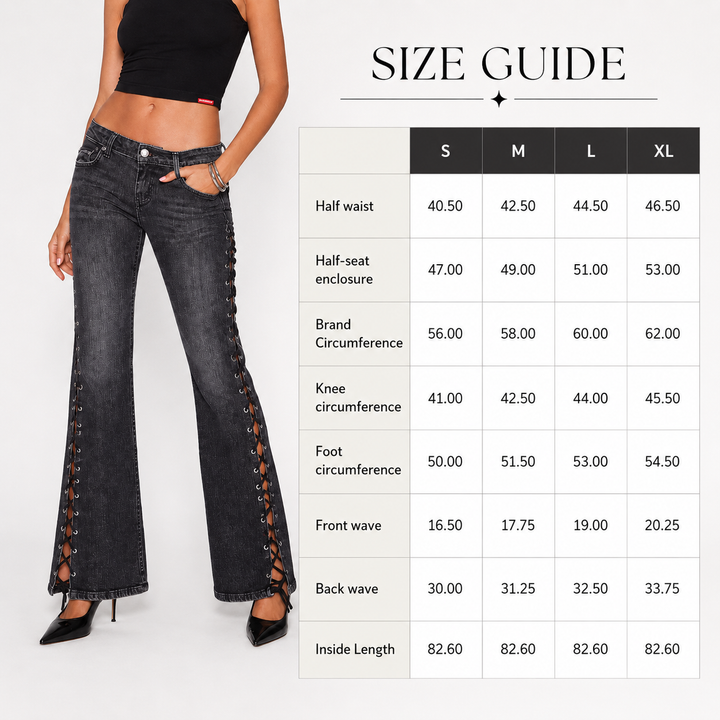 Bootcut denim jeans size guide image using the existing product size information for buyer selection and for online shopping.