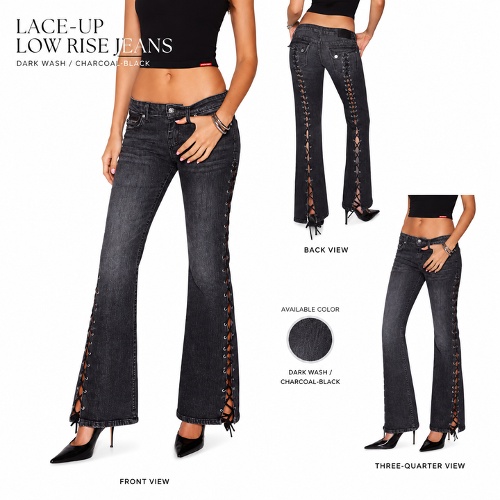 Low-rise lace-up jeans multi-angle product view showing front back and side appearance in the existing image set studio view.