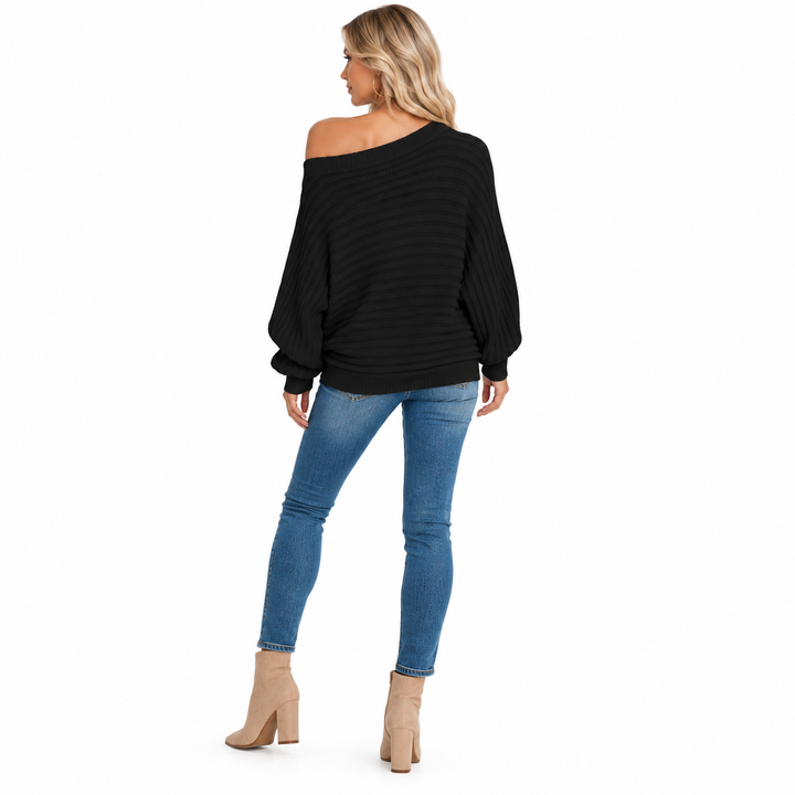 Back view of off shoulder ribbed sweater in Black on a model