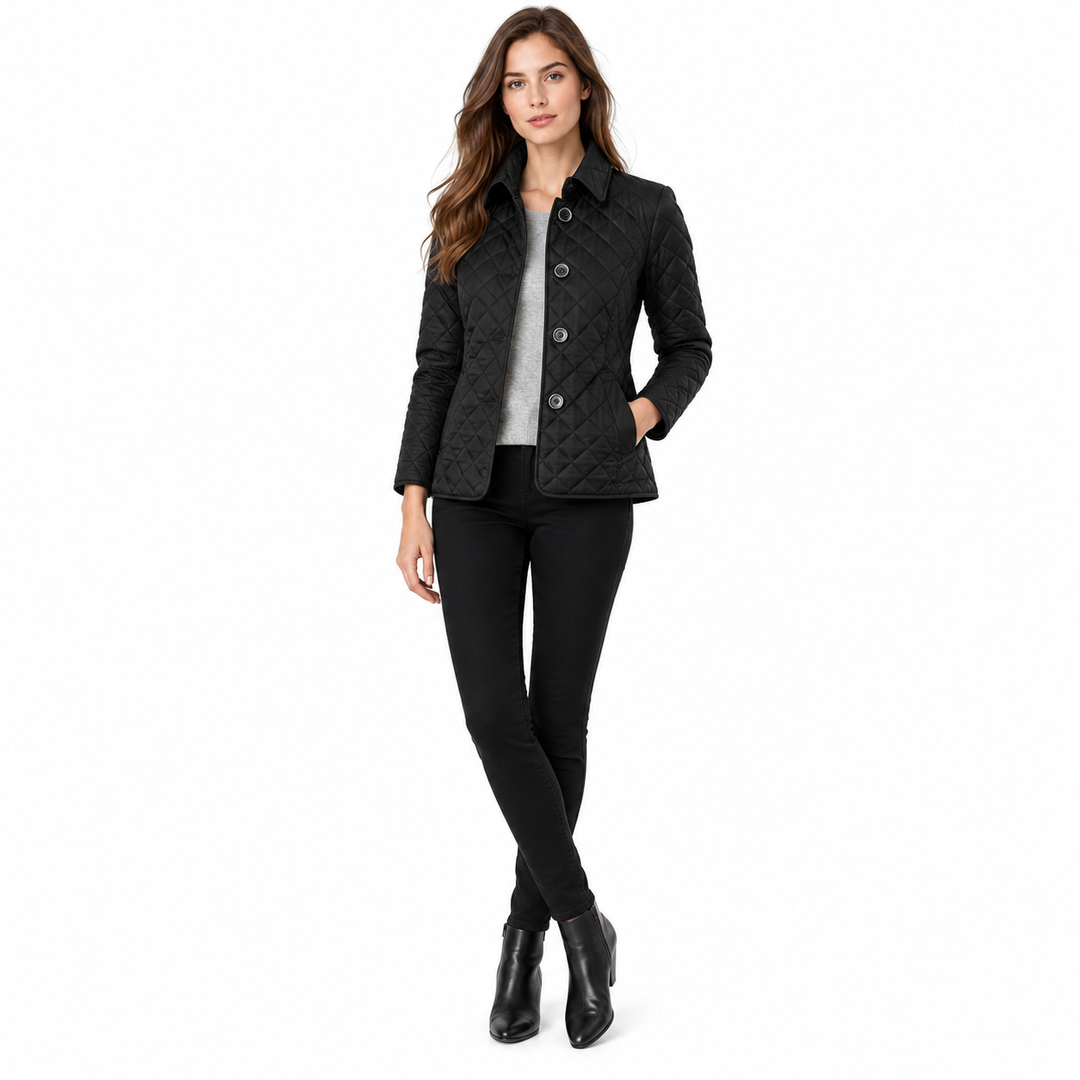 Women's padded jacket in black, full-length front model view