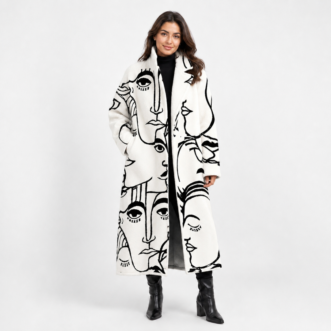 Women’s long white abstract line art coat on model, front studio view