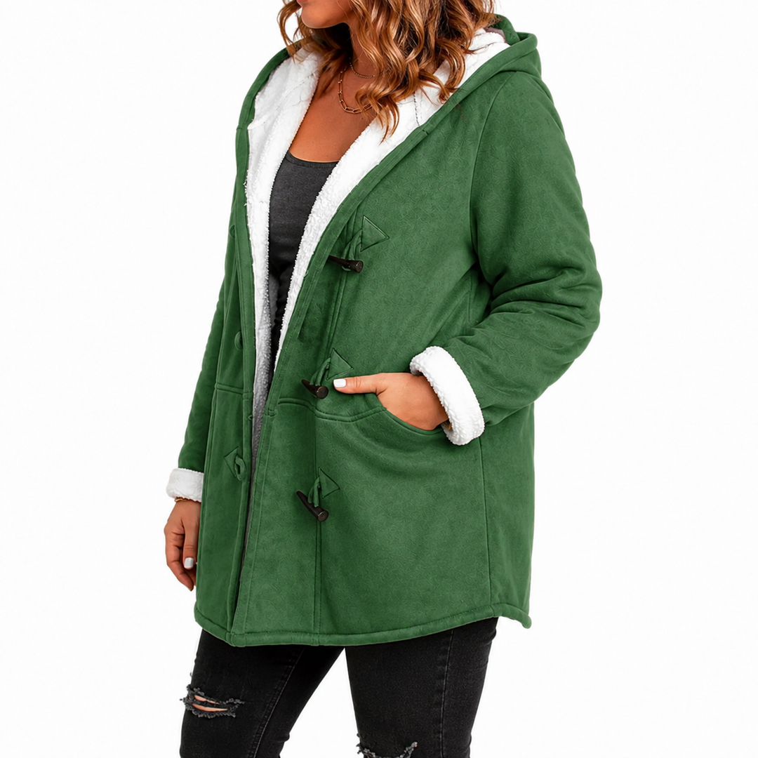 Emerald green plus size sherpa toggle coat in a three-quarter fit view with hood, white lining and pocket detail on white