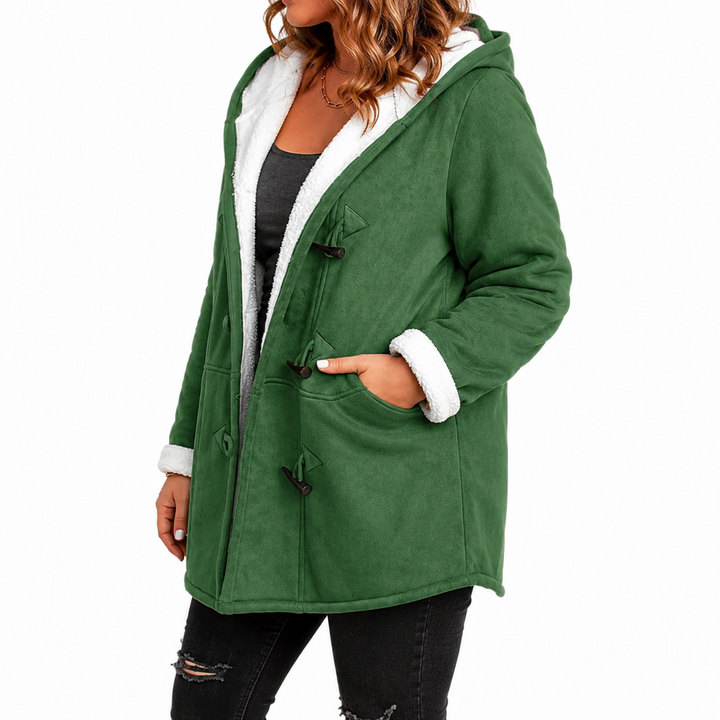 Emerald green plus size sherpa toggle coat in a three-quarter fit view with hood, white lining and pocket detail on white