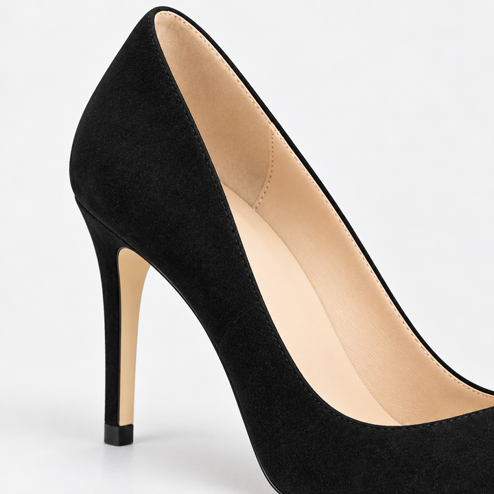 Close-up of black pointed toe stiletto pump showing the slim heel, side opening and inner lining