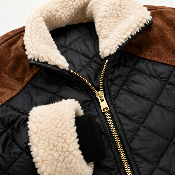 Close-up of black diamond quilting, cream collar and cuff trim, brown shoulder panel texture and gold-tone zipper detail view