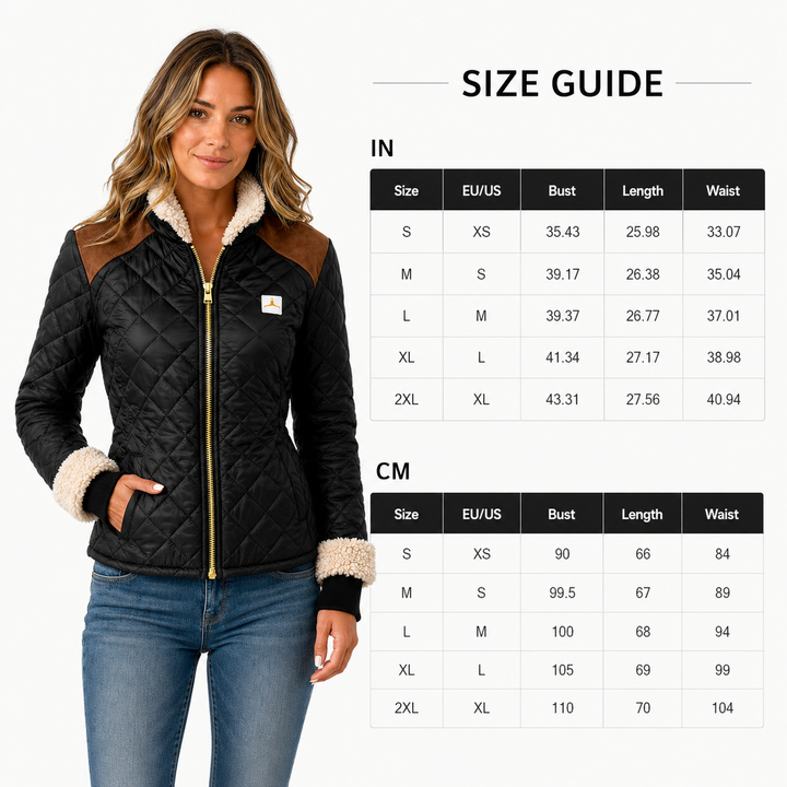 Quilted jacket size guide with model plus verified inch and centimeter bust, length and waist measurements for sizes S to 2XL