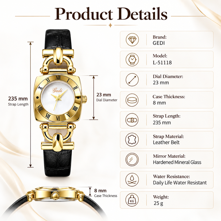 Retro square quartz watch product details chart with verified dimensions and materials