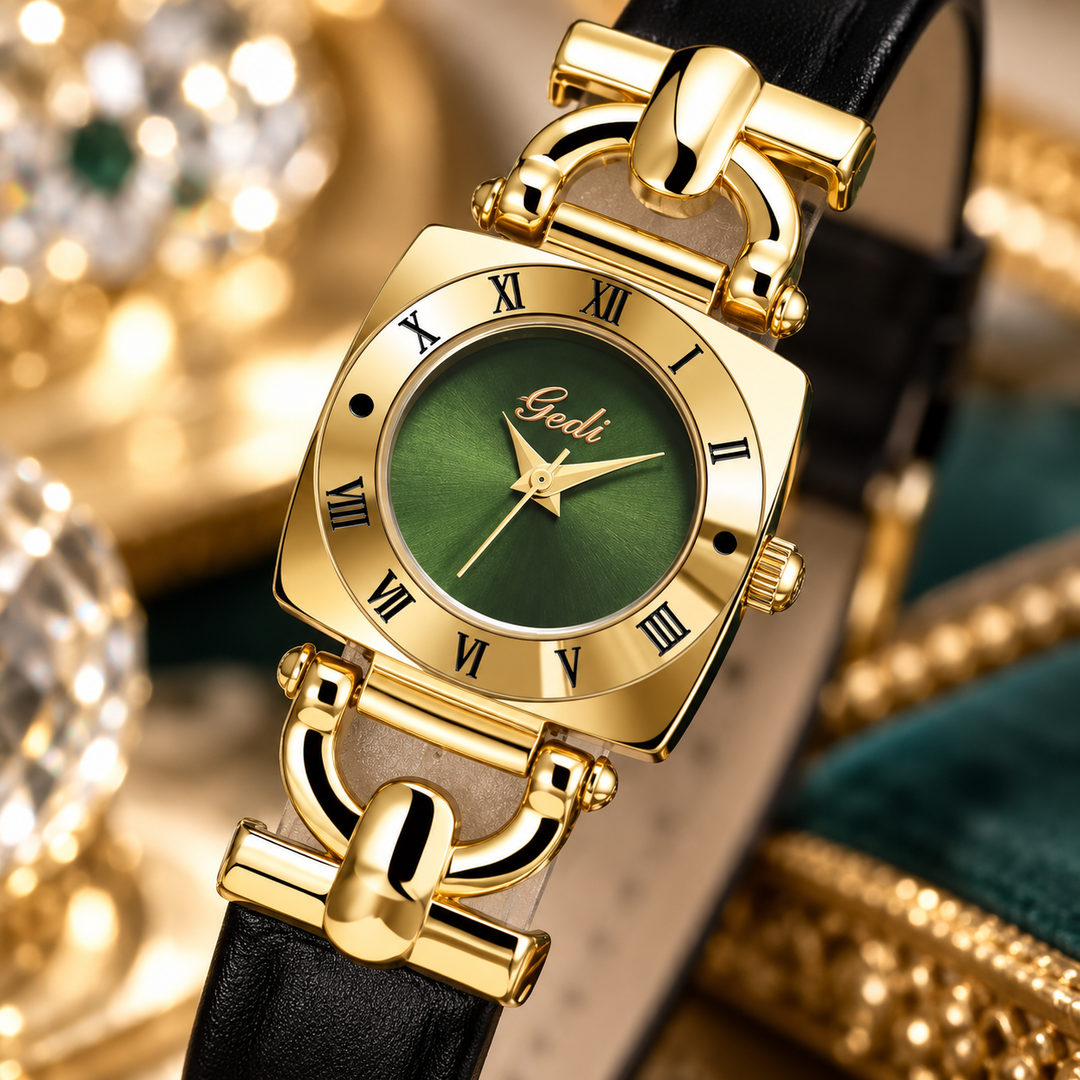 Green dial retro square watch close-up showing gold bezel, Roman numerals and black strap