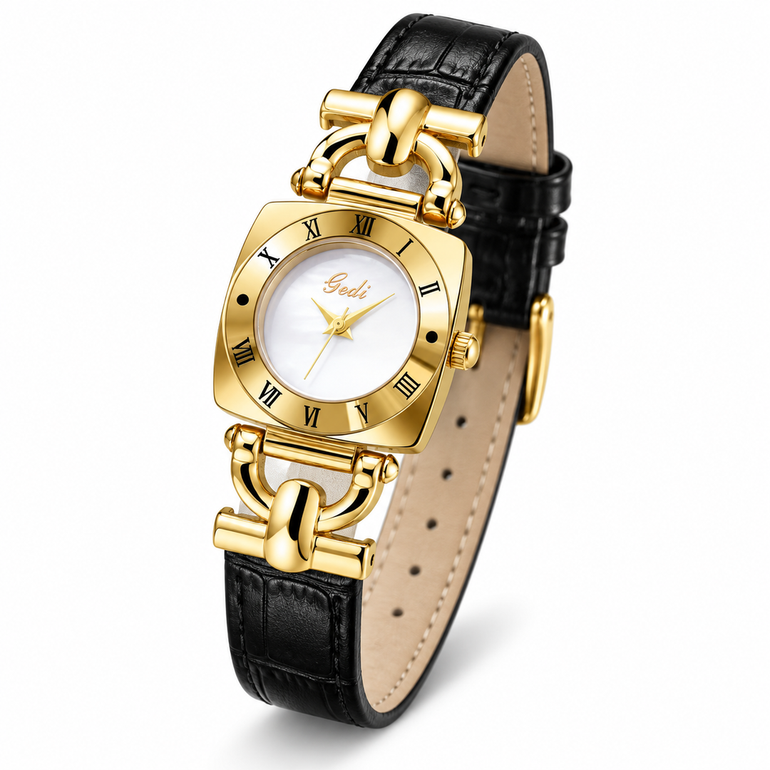White dial retro square quartz watch shown at a three-quarter angle with black strap