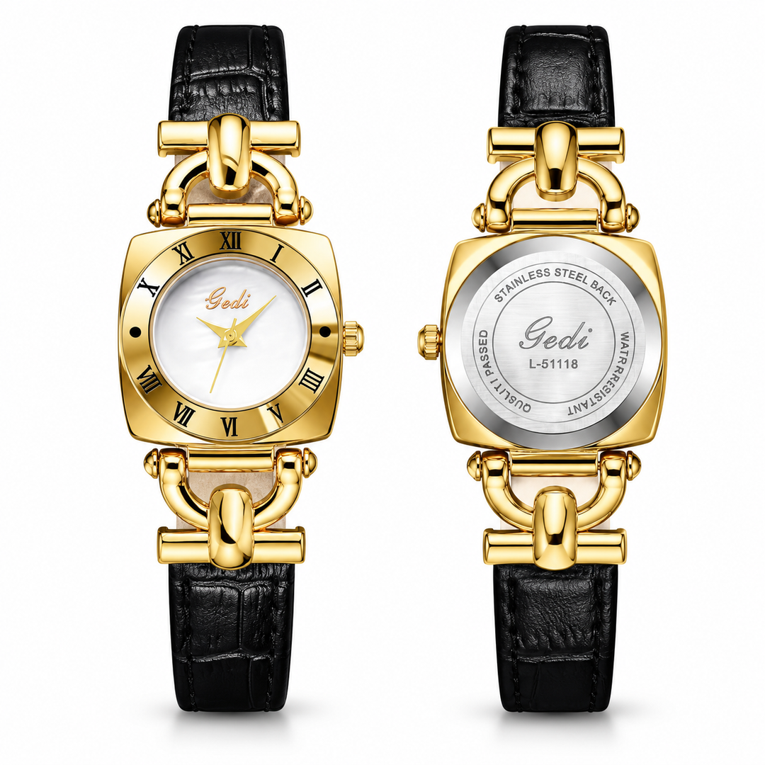 Retro square watch front and stainless steel back details with black strap