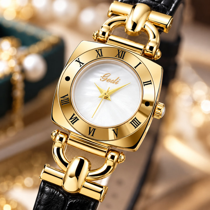 White dial retro square watch macro detail showing gold bezel, Roman numerals and hands
