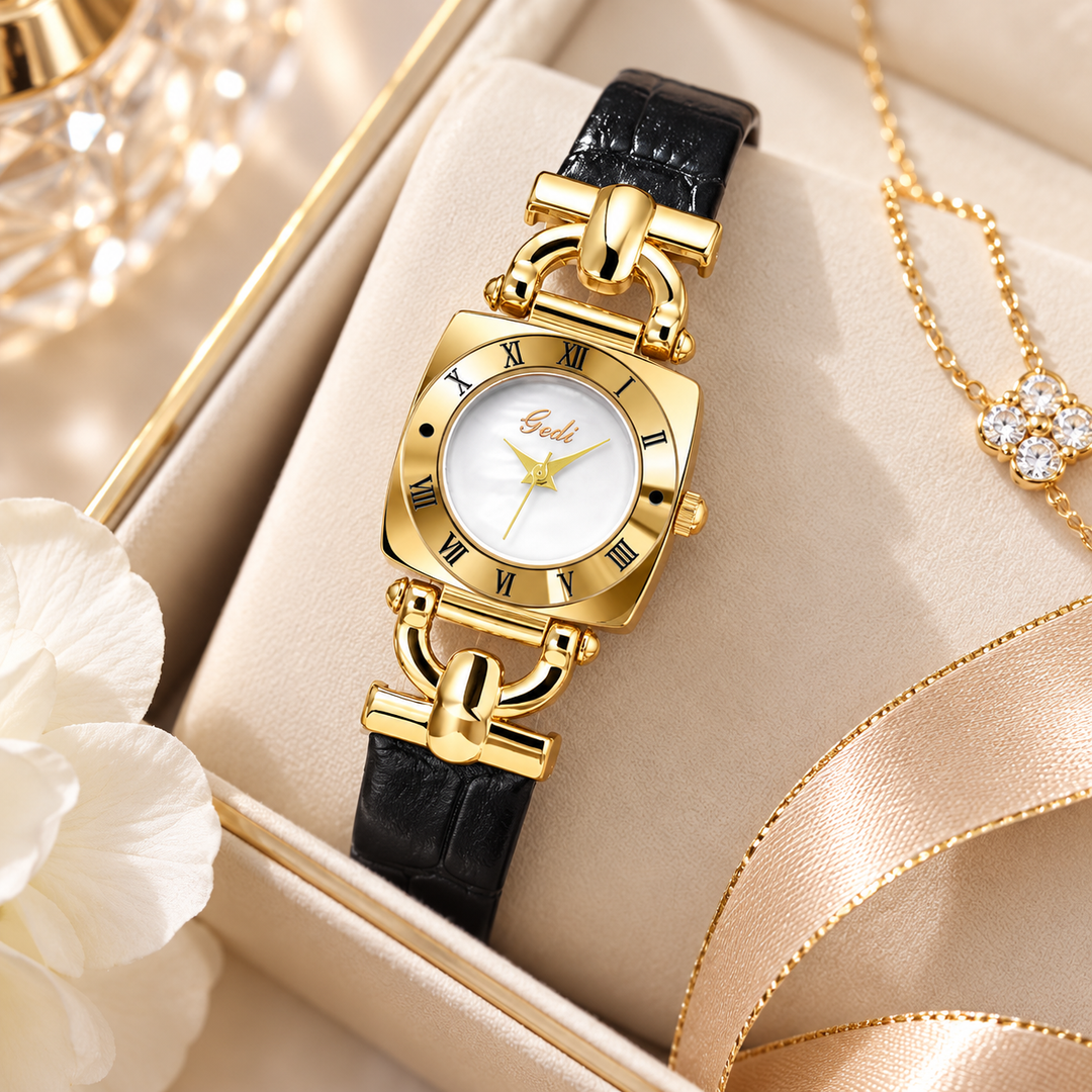 White dial retro square watch styled in an elegant flat lay with black strap