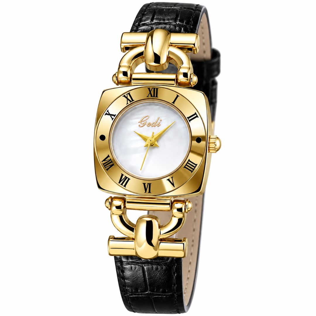 White dial square watch close-up showing gold Roman numeral bezel and black belt strap