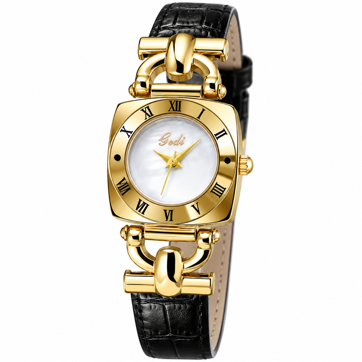 White dial square watch close-up showing gold Roman numeral bezel and black belt strap