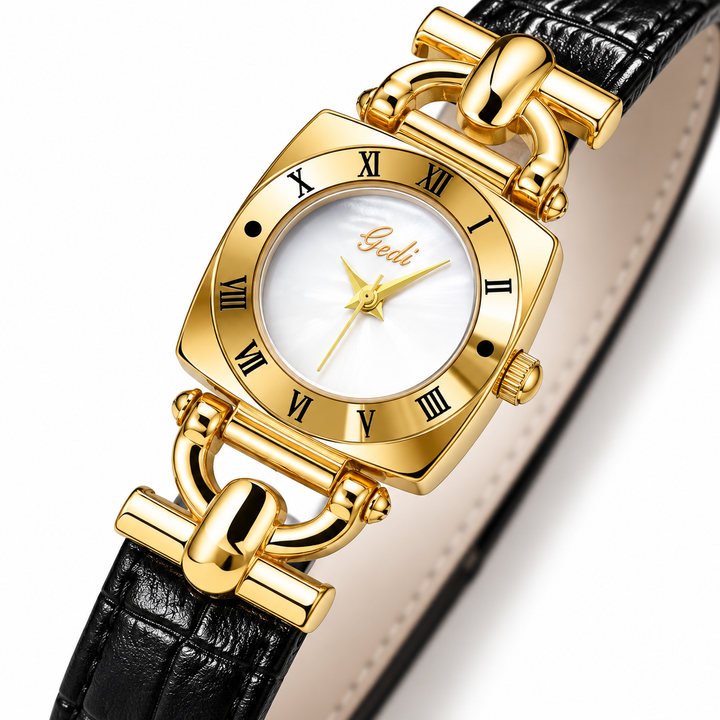 Retro square watch detail showing black belt strap texture and decorative gold links