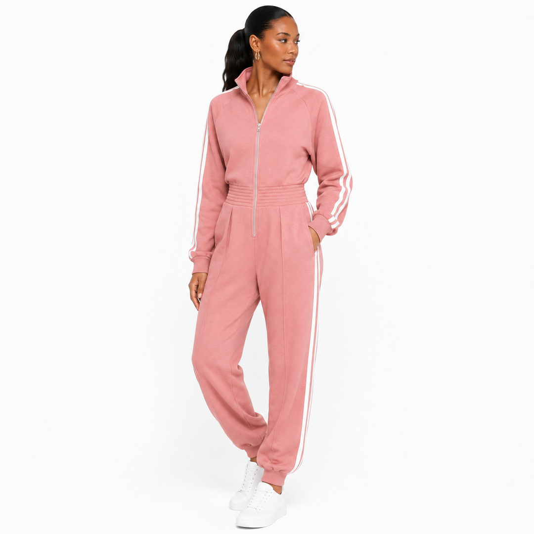 Women's retro stripe sports jumpsuit in pink, lifestyle studio view