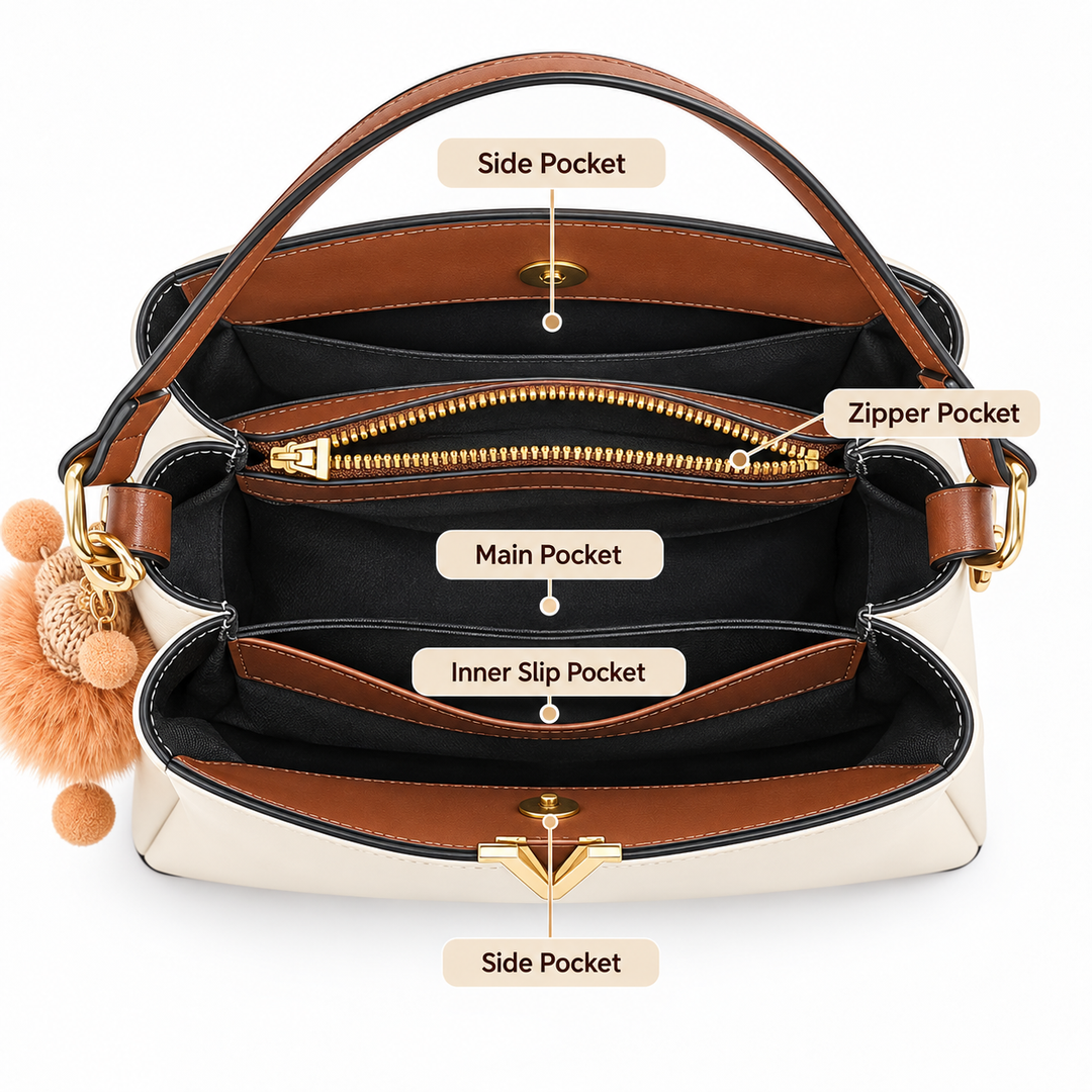 Shoulder bag interior layout with side, zipper, main and inner slip pockets