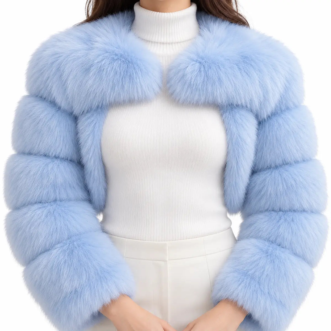 Close-up of faux fur shoulder collar and segmented sleeves