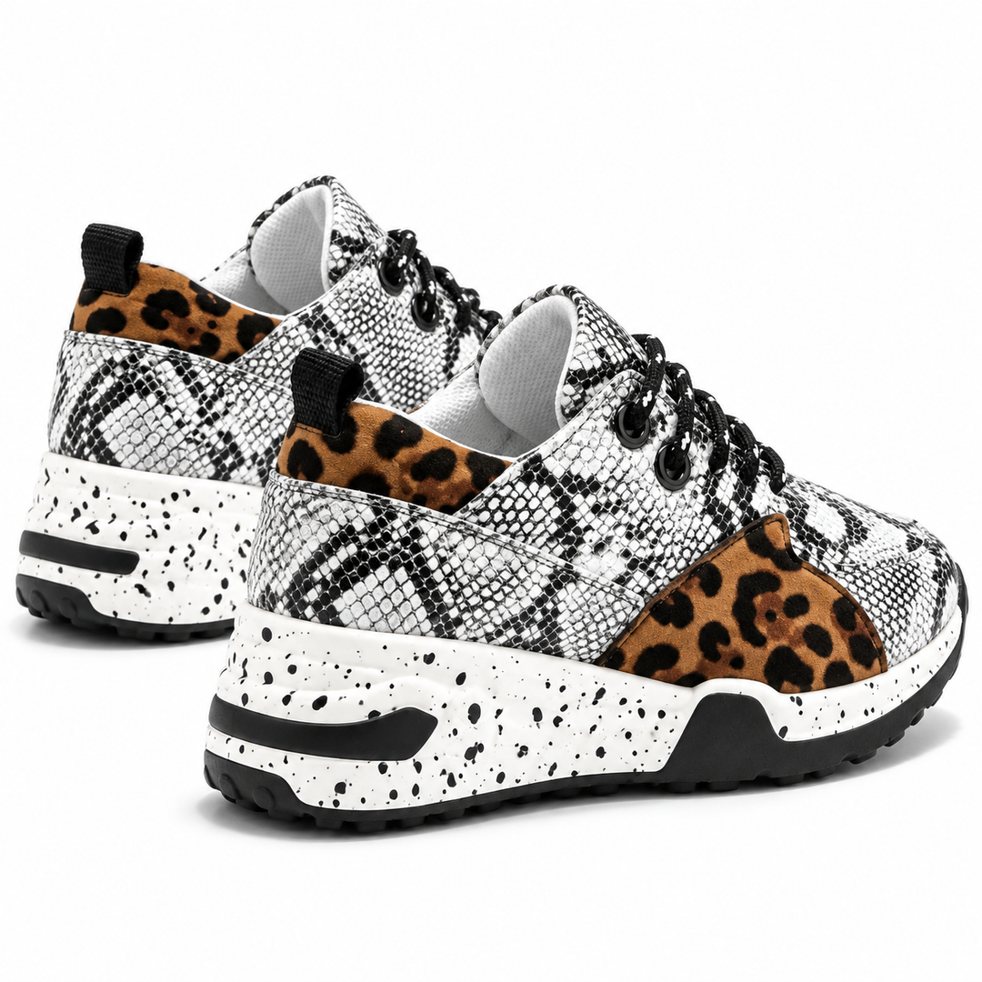 White snake print sneakers with leopard side panels