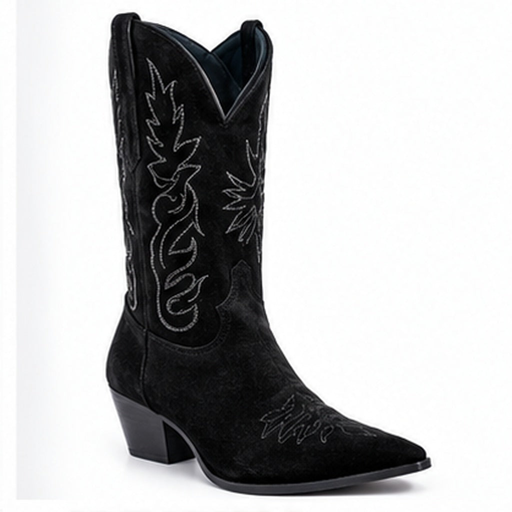 Black V-cut suede boots with pointed toe and embroidered shaft on a clean white background.