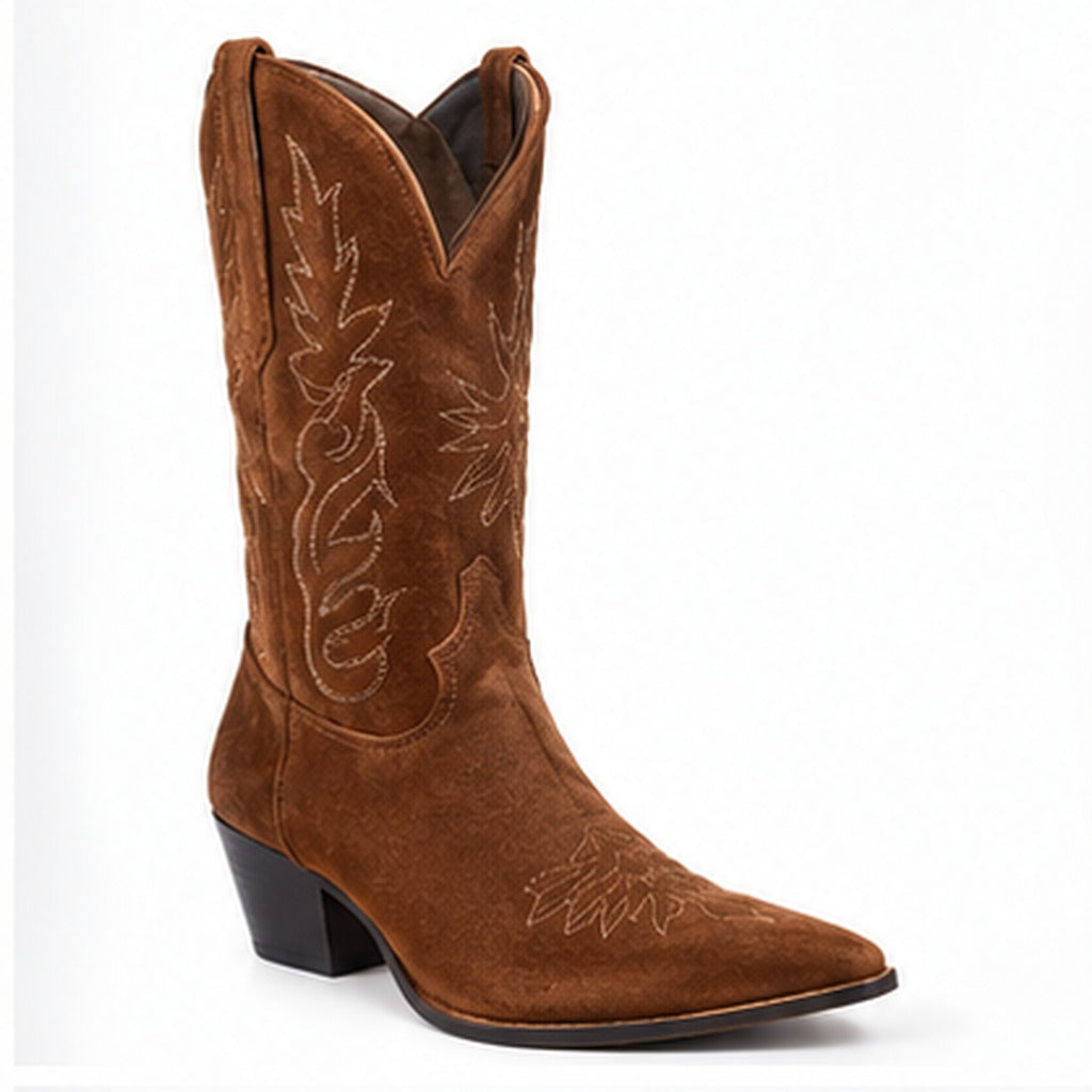 Brown V-cut suede boots with pointed toe and embroidered shaft on a clean white background.