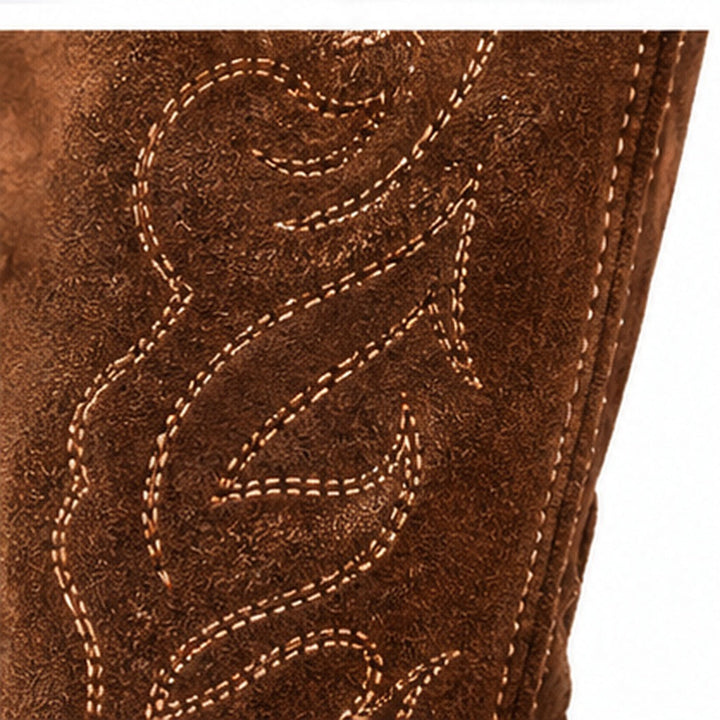 Close-up of Brown suede and embroidered stitching detail on the V-cut boot shaft.