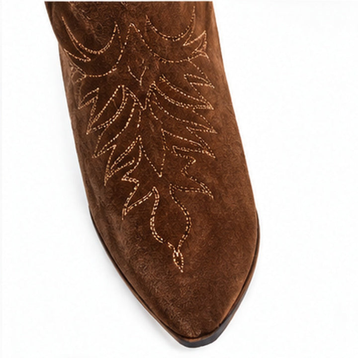 Close-up of the Brown suede boot pointed toe and embroidered detail on a clean white background.