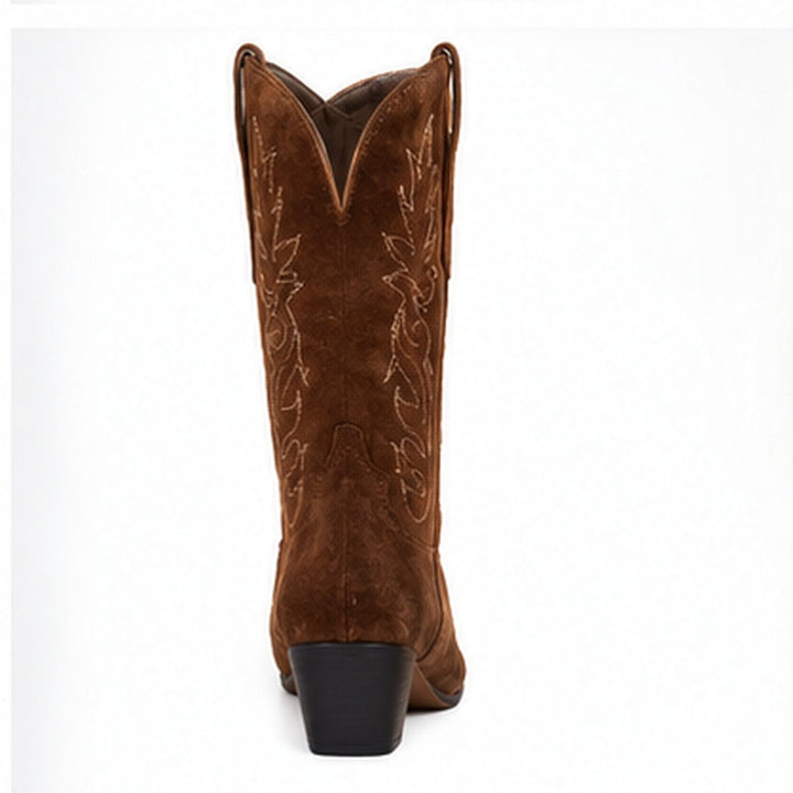 Rear view of the Brown V-cut suede boot showing the shaft construction and square heel.