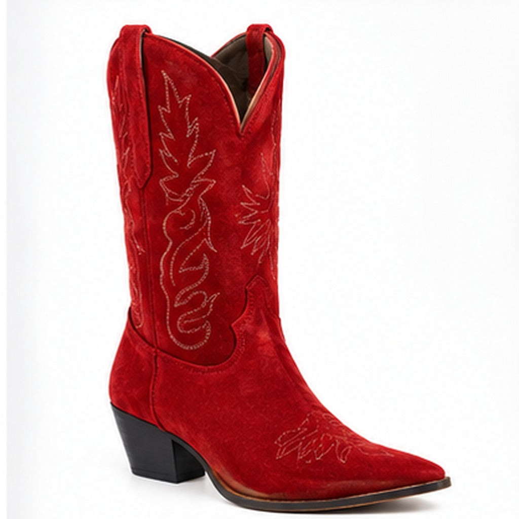 Red V-cut suede boots with pointed toe and embroidered shaft on a clean white background.