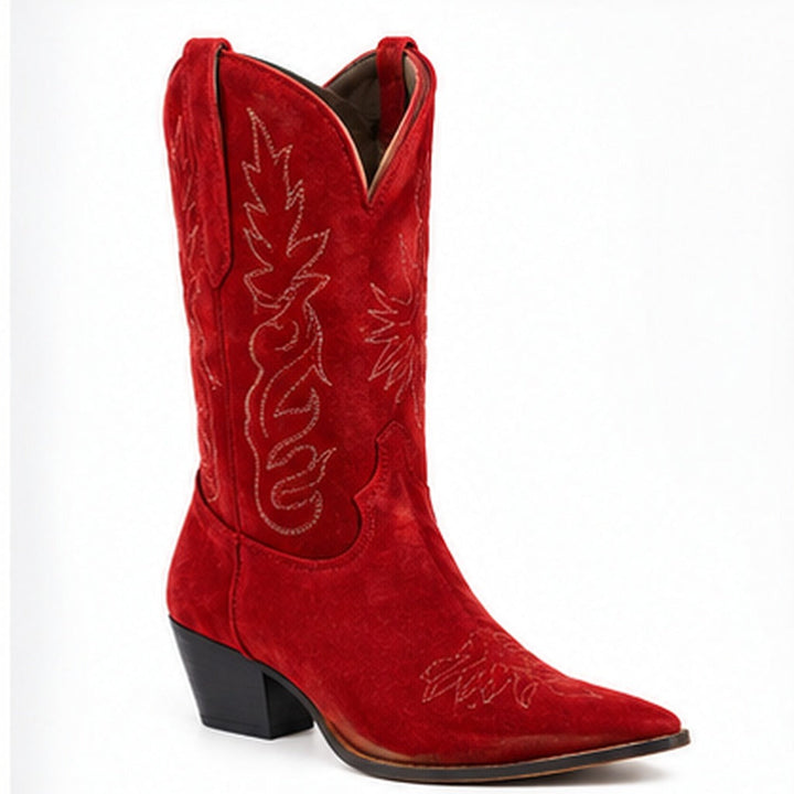 Red V-cut suede boots with pointed toe and embroidered shaft on a clean white background.