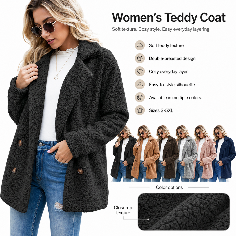 Women's teddy coat benefits collage with color options and close-up texture