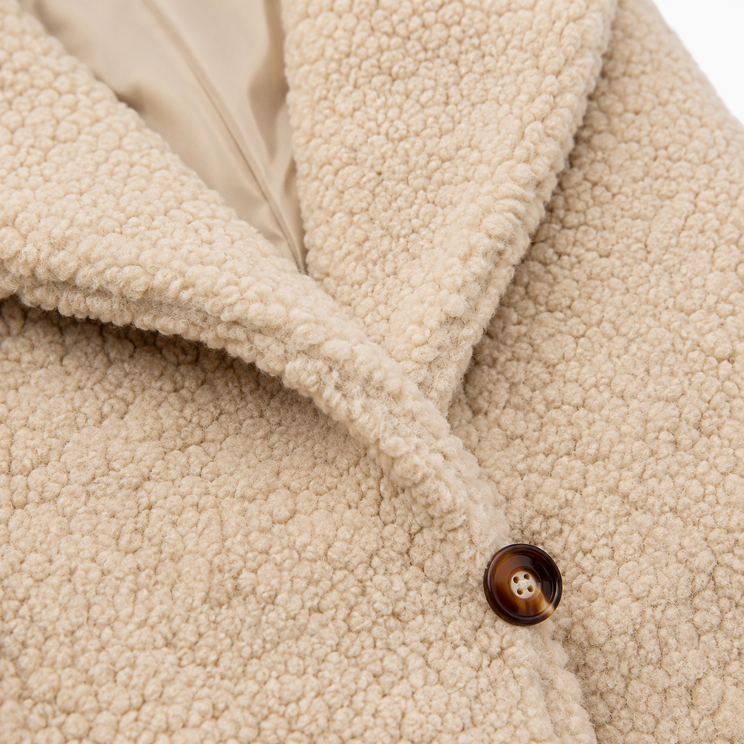 Dark khaki teddy coat close-up showing fabric texture, lapel edge, stitching, and brown button detail for product inspection.