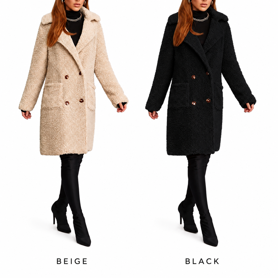 Dark khaki and black coat variants shown together on models for direct color comparison, consistent shape and design details.