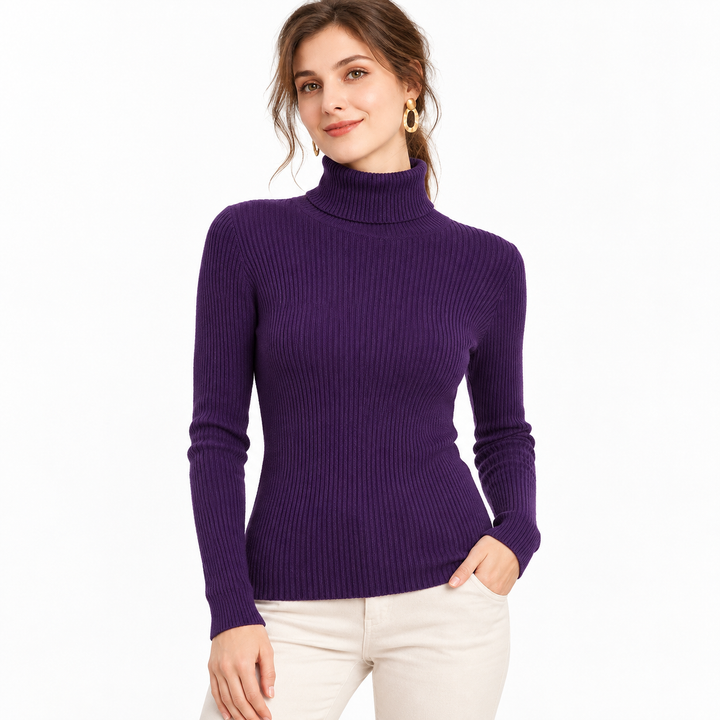 Verified sweater color variant shown on one model, preserving the same tall neckline, long sleeves and ribbed slim silhouette