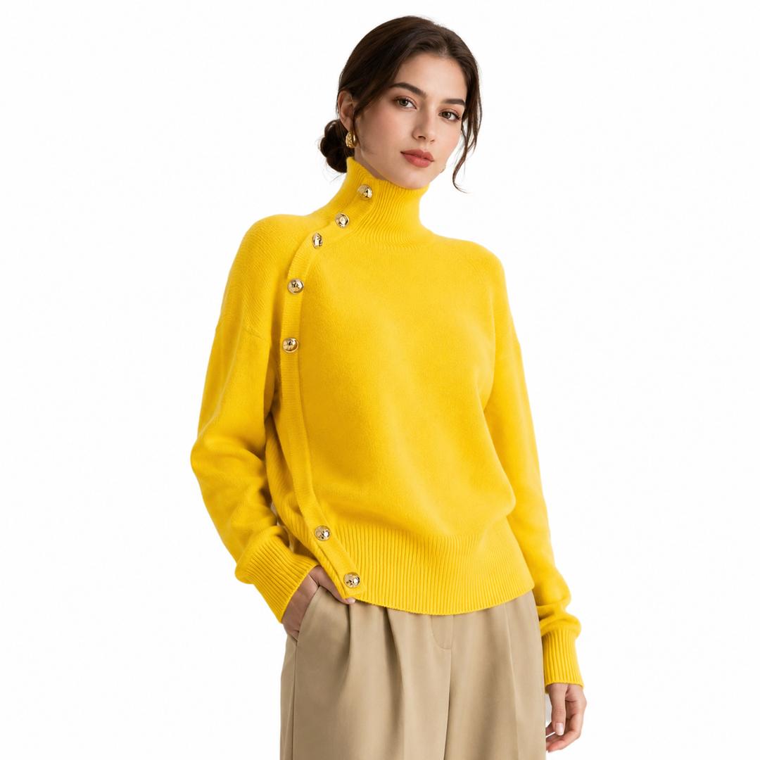 Women's yellow turtleneck sweater with gold button details on model against clean white studio background