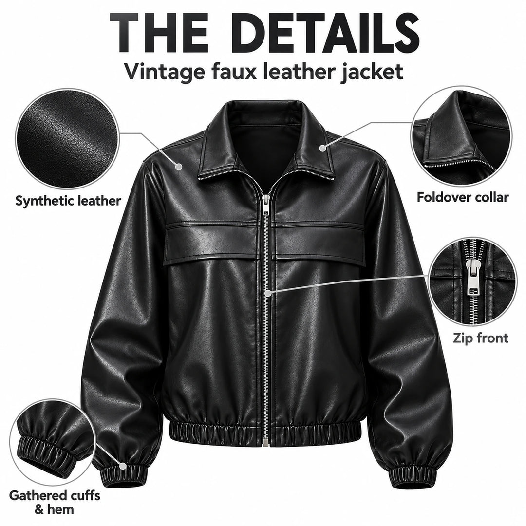 Black faux leather jacket infographic showing the collar, zip front, synthetic leather and gathered cuffs and hem.