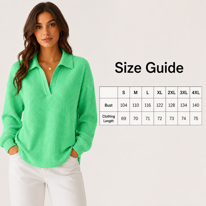 Mint green collared waffle top with size guide for S, M, L, XL, 2XL, 3XL and 4XL with bust and clothing length data in table.