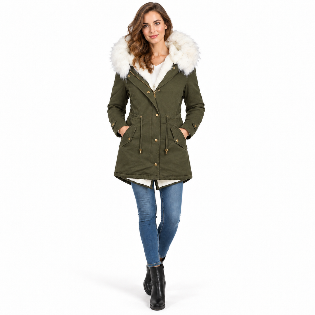 Army Green winter parka on model with fur hood, front zipper and waist drawstring
