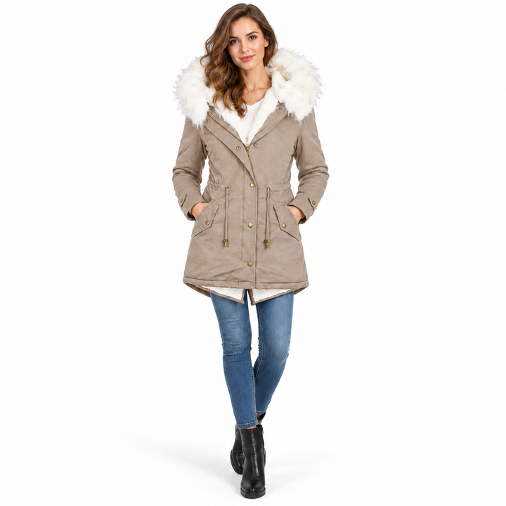 Khaki winter parka on model with white fur hood, zipper and waist drawstring