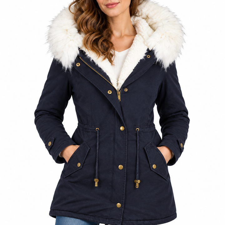 Navy Blue winter parka close-up showing fur hood, zipper and front construction