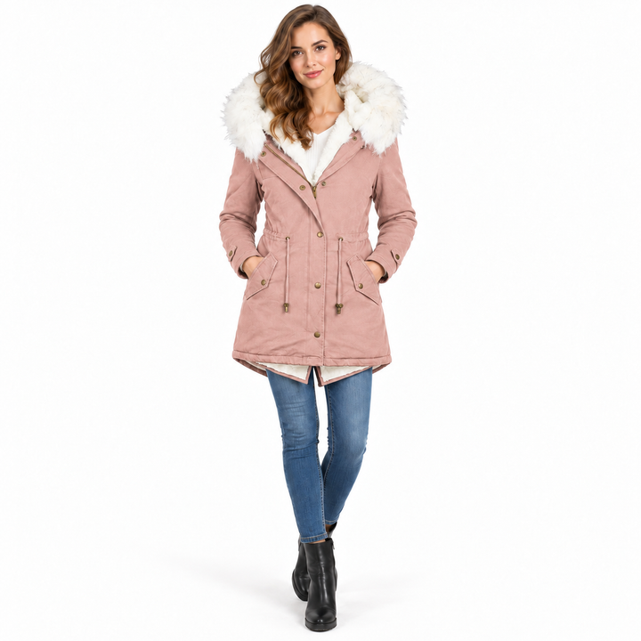 Pink winter parka on model with fur hood, front zipper and waist drawstring