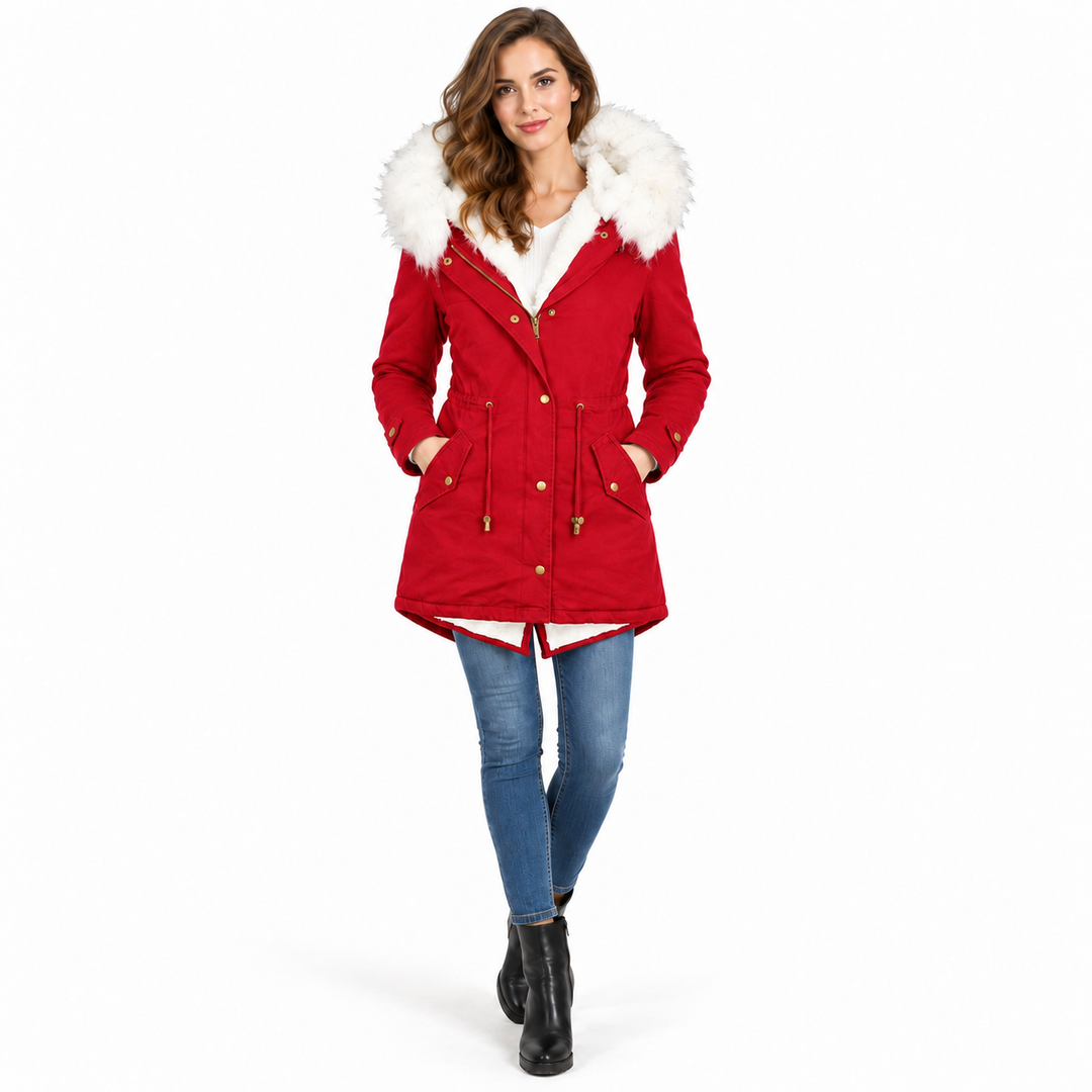Red winter parka on model with fur hood, front zipper, buttons and waist drawstring