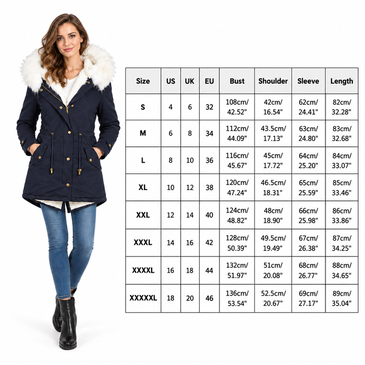 Navy Blue winter parka on model with verified size chart for S through 5XL