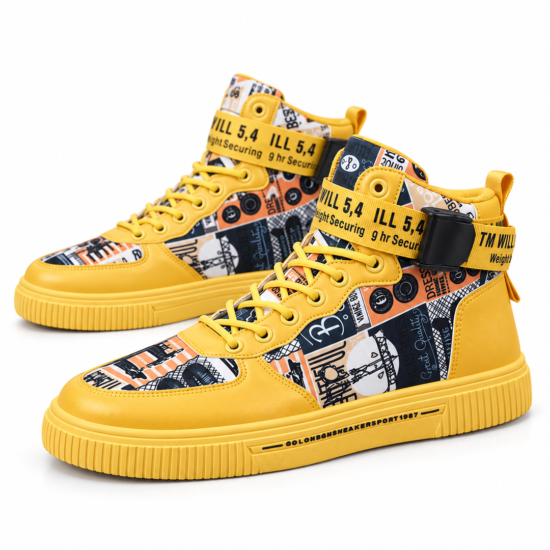 Yellow high top sneakers worn with black joggers on white background