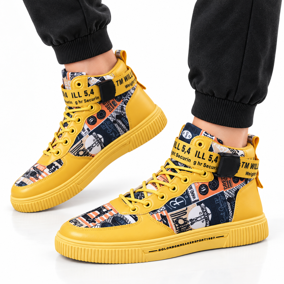 Yellow high top sneakers with graphic panels and ankle strap on white background